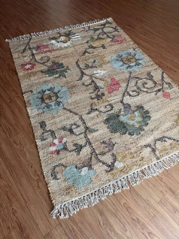 Natural Beige Floral Jute Cotton Area Rug with Blue Accents