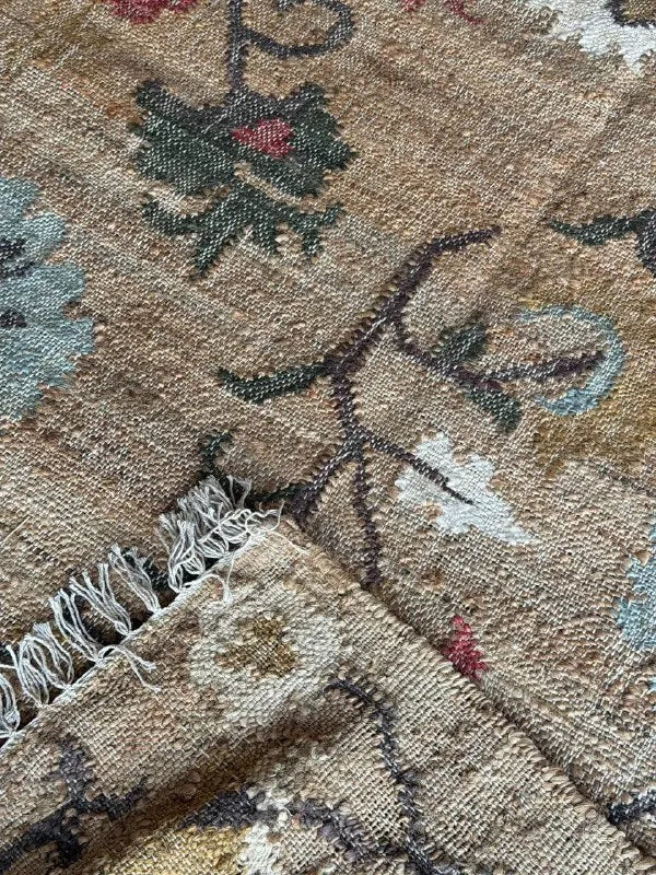 Natural Beige Floral Jute Cotton Area Rug with Blue Accents