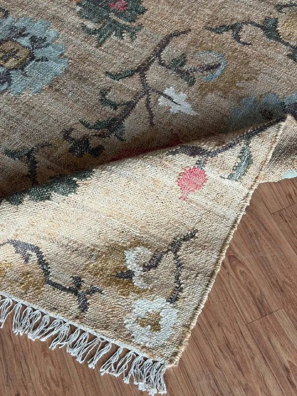 Natural Beige Floral Jute Cotton Area Rug with Blue Accents