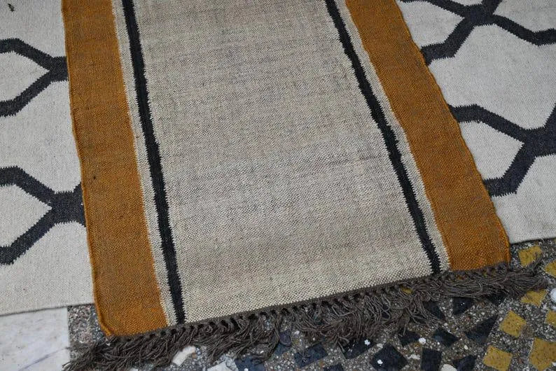 Natural Beige Wool & Jute Kilim Runner Rug – Mustard Border