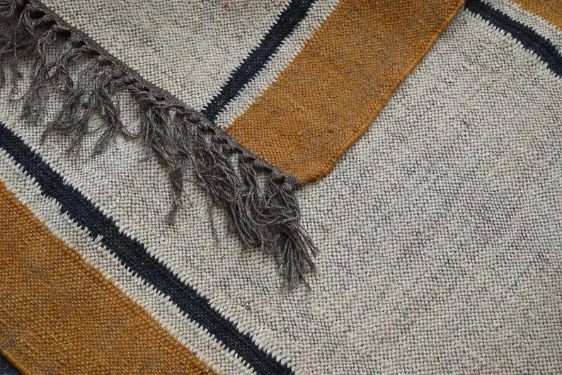 Natural Beige Wool & Jute Kilim Runner Rug – Mustard Border
