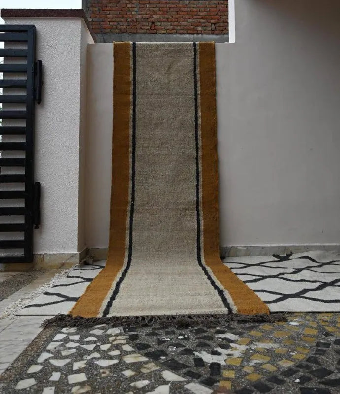 Natural Beige Wool & Jute Kilim Runner Rug – Mustard Border