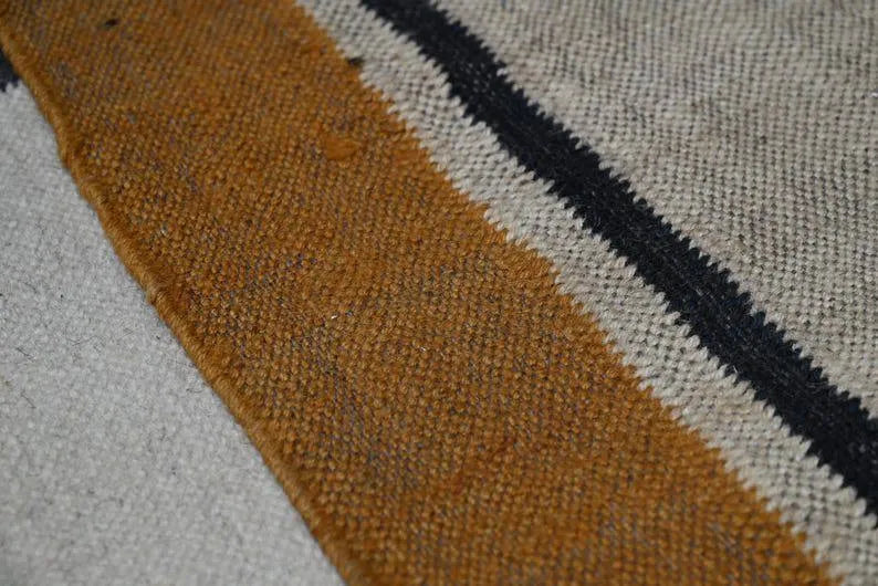 Natural Beige Wool & Jute Kilim Runner Rug – Mustard Border