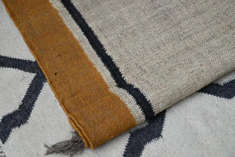 Natural Beige Wool & Jute Kilim Runner Rug – Mustard Border