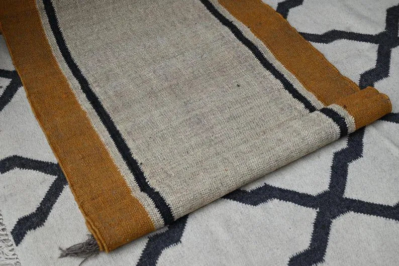 Natural Beige Wool & Jute Kilim Runner Rug – Mustard Border
