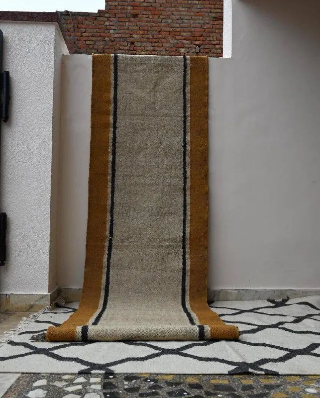 Natural Beige Wool & Jute Kilim Runner Rug – Mustard Border