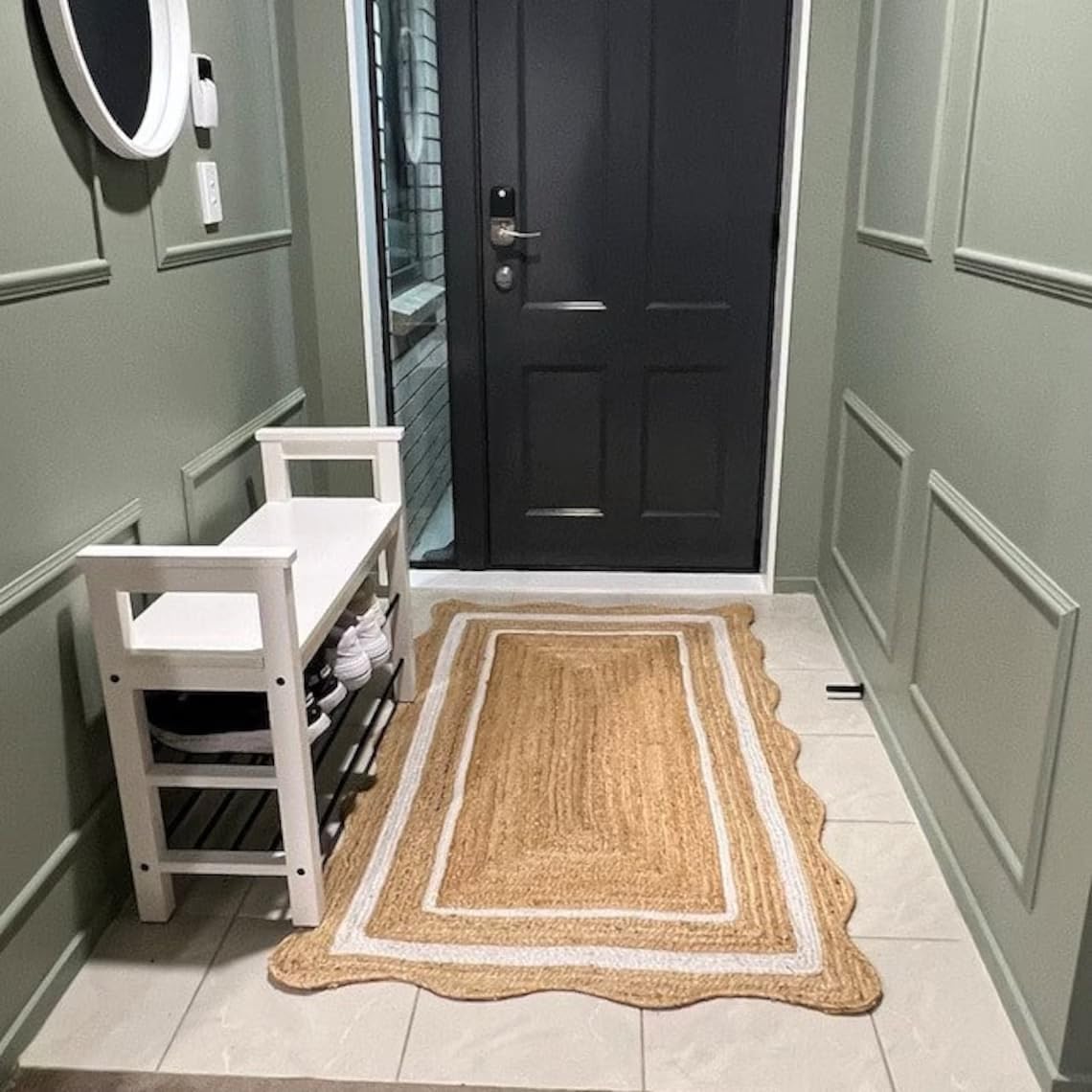 Natural Jute Area Rug with Scalloped Edges & Double Border – Handwoven Rug