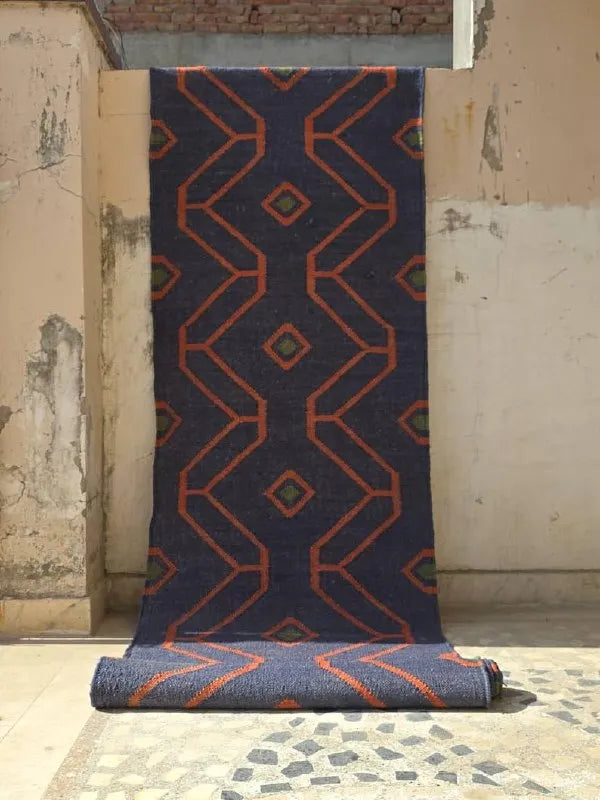 Navy Blue Geometric Wool & Jute Kilim Runner Rug