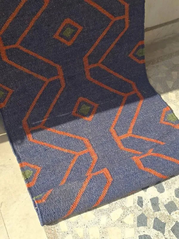 Navy Blue Geometric Wool & Jute Kilim Runner Rug