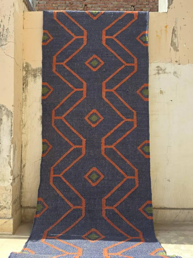 Navy Blue Geometric Wool & Jute Kilim Runner Rug