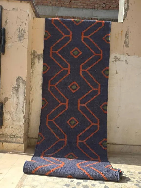 Navy Blue Geometric Wool & Jute Kilim Runner Rug
