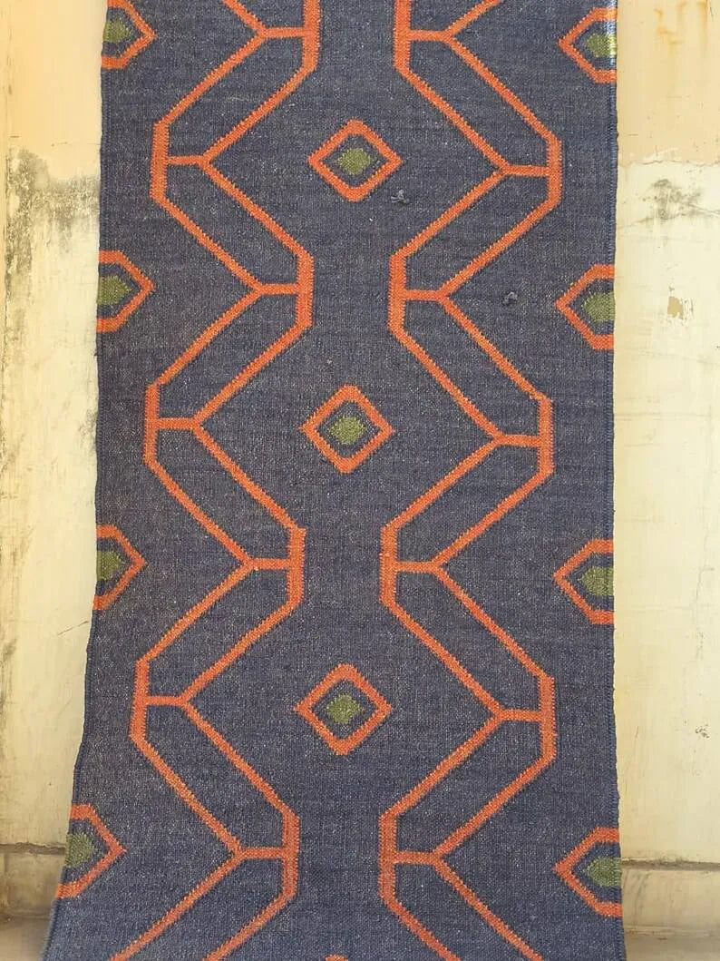 Navy Blue Geometric Wool & Jute Kilim Runner Rug