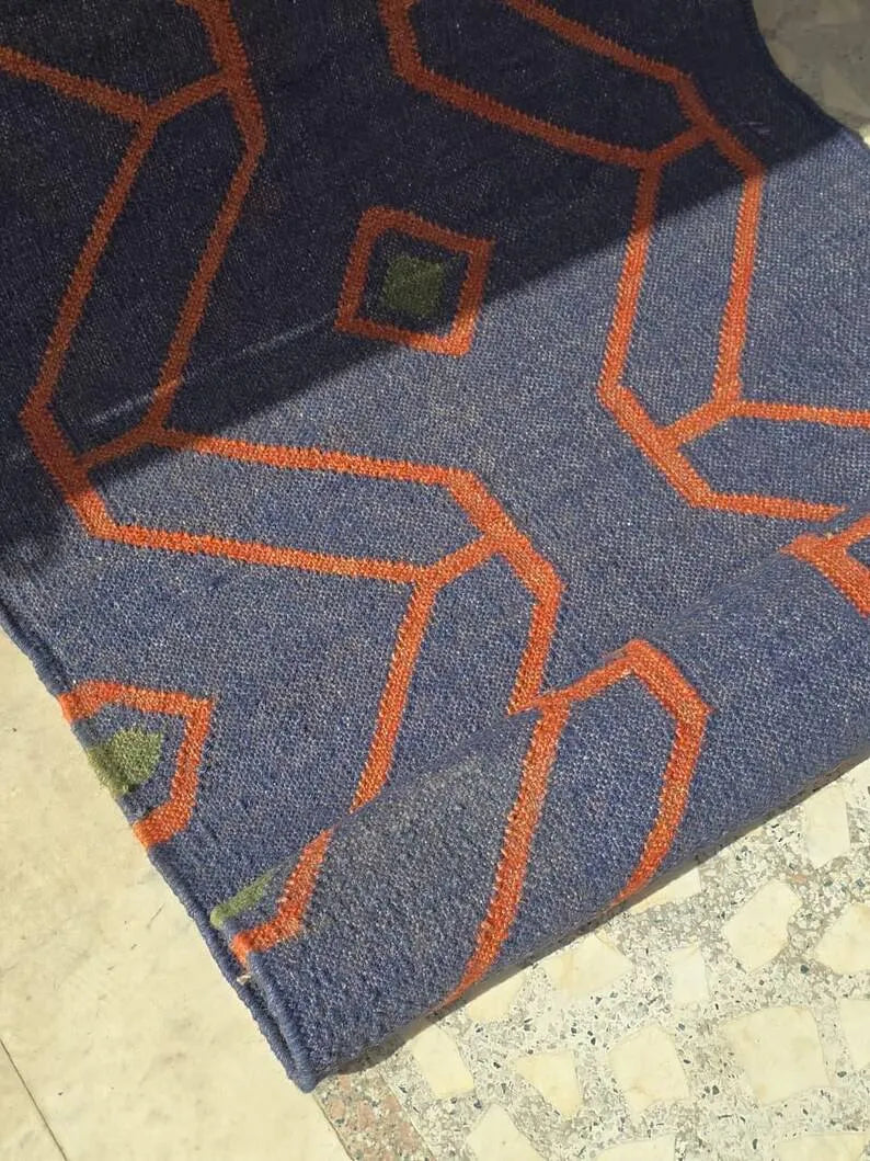Navy Blue Geometric Wool & Jute Kilim Runner Rug