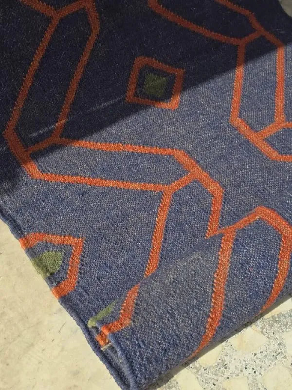Navy Blue Geometric Wool & Jute Kilim Runner Rug