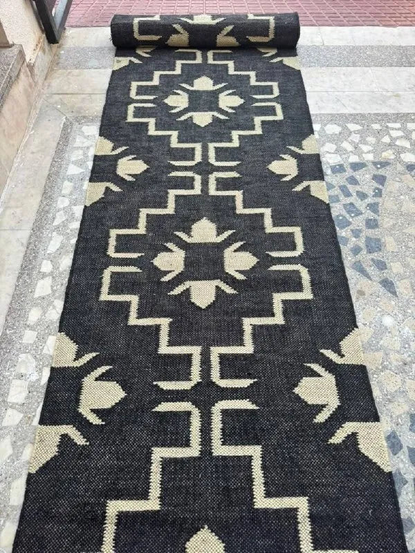 Navy & Cream Floral Medallion Wool & Jute Kilim Runner Rug