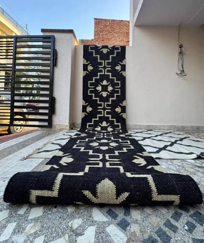 Navy & Cream Floral Medallion Wool & Jute Kilim Runner Rug
