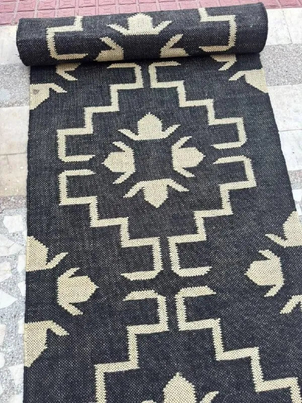 Navy & Cream Floral Medallion Wool & Jute Kilim Runner Rug