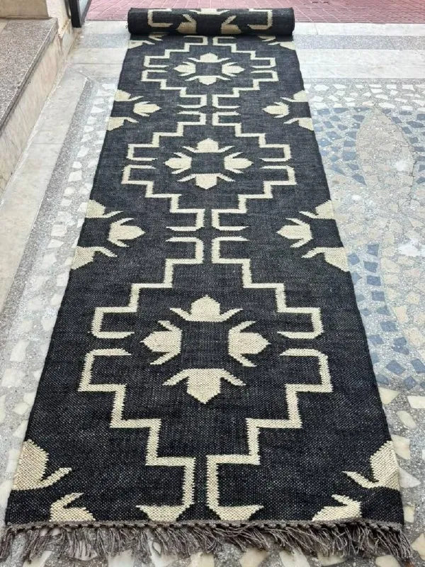 Navy & Cream Floral Medallion Wool & Jute Kilim Runner Rug