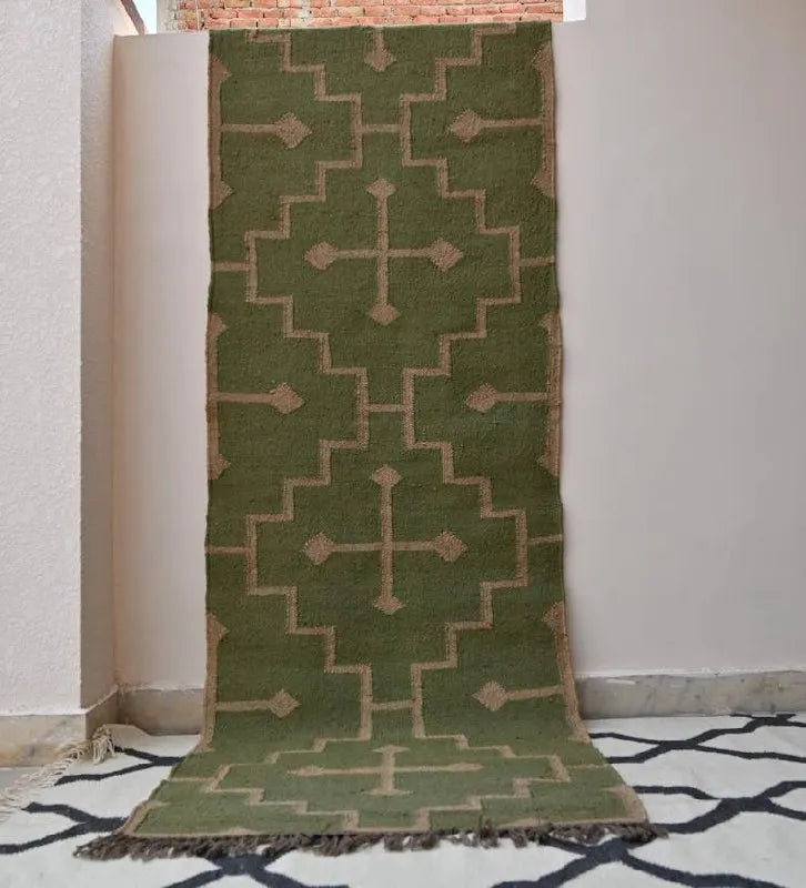 Olive Green Medallion Wool & Jute Kilim Runner Rug