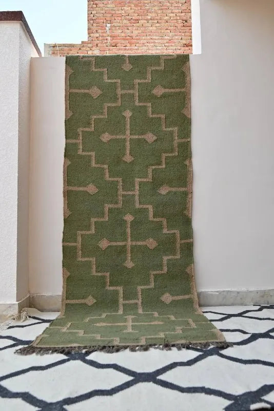 Olive Green Medallion Wool & Jute Kilim Runner Rug