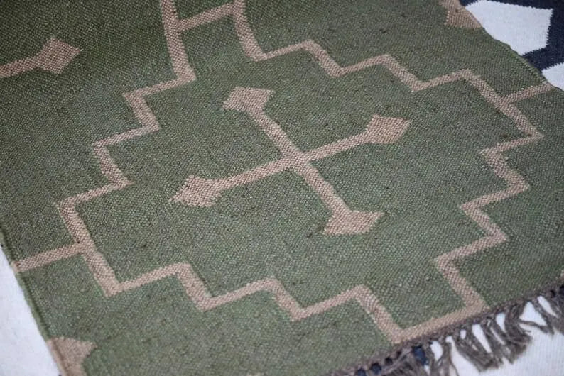 Olive Green Medallion Wool & Jute Kilim Runner Rug