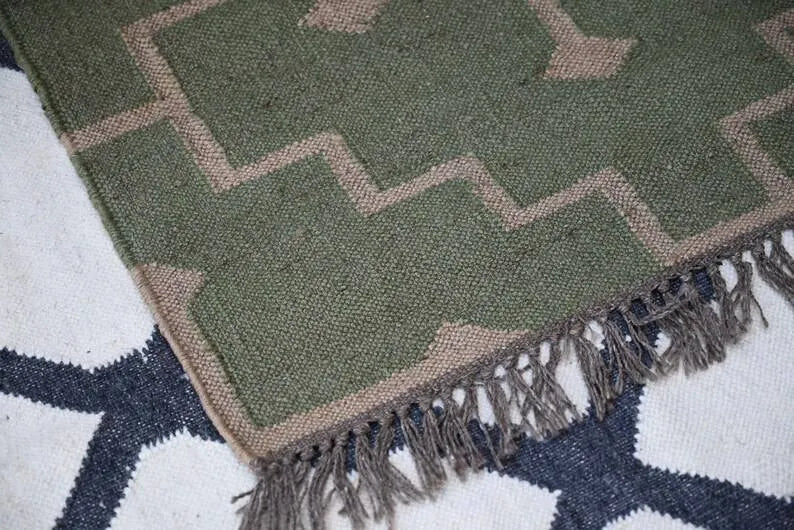 Olive Green Medallion Wool & Jute Kilim Runner Rug