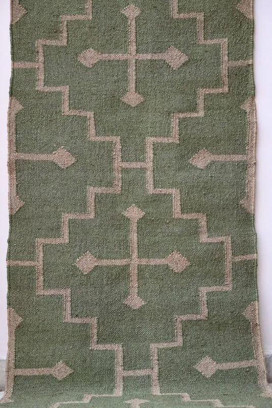 Olive Green Medallion Wool & Jute Kilim Runner Rug