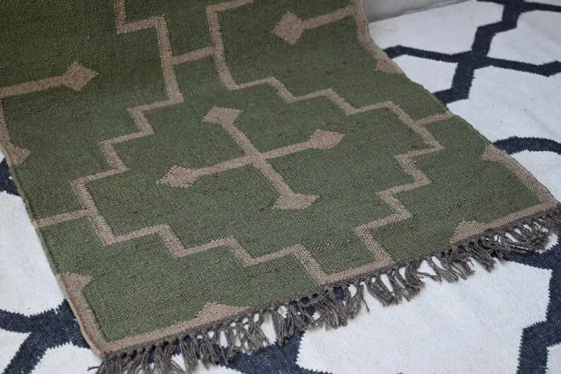 Olive Green Medallion Wool & Jute Kilim Runner Rug