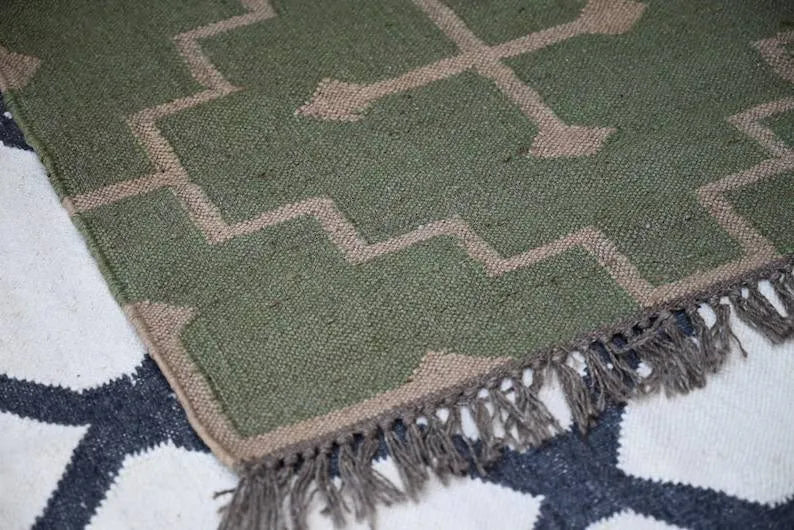 Olive Green Medallion Wool & Jute Kilim Runner Rug