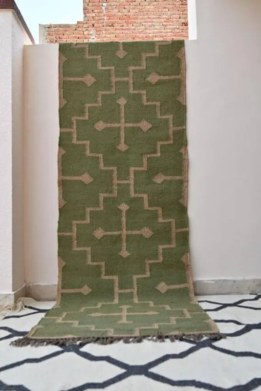 Olive Green Medallion Wool & Jute Kilim Runner Rug