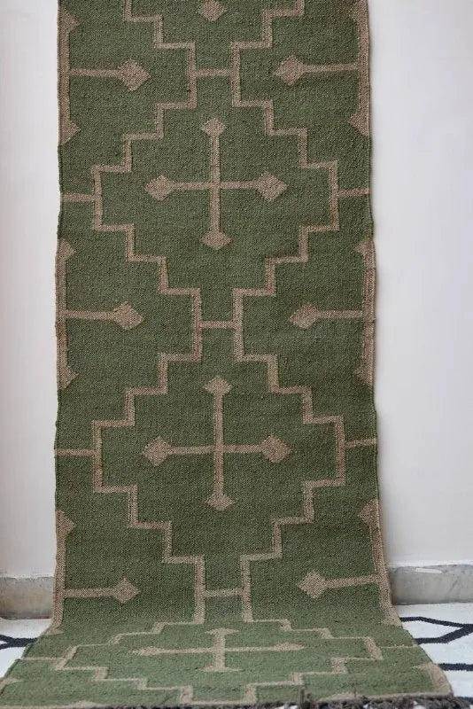 Olive Green Medallion Wool & Jute Kilim Runner Rug