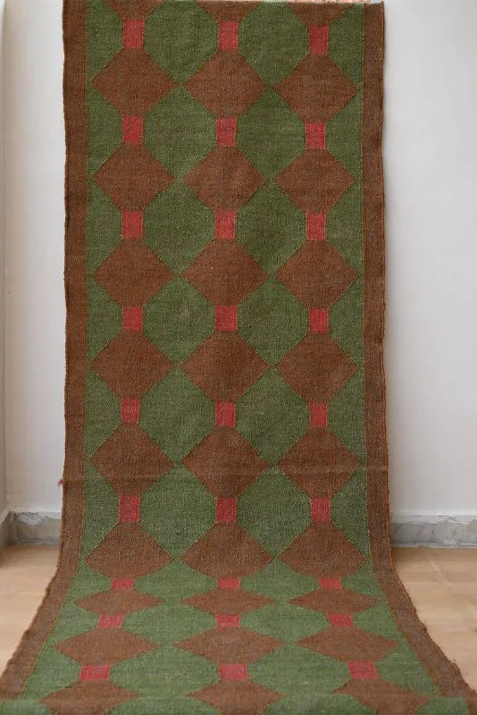 Olive Green & Brown Geometric Wool & Jute Kilim Runner Rug
