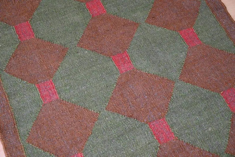 Olive Green & Brown Geometric Wool & Jute Kilim Runner Rug