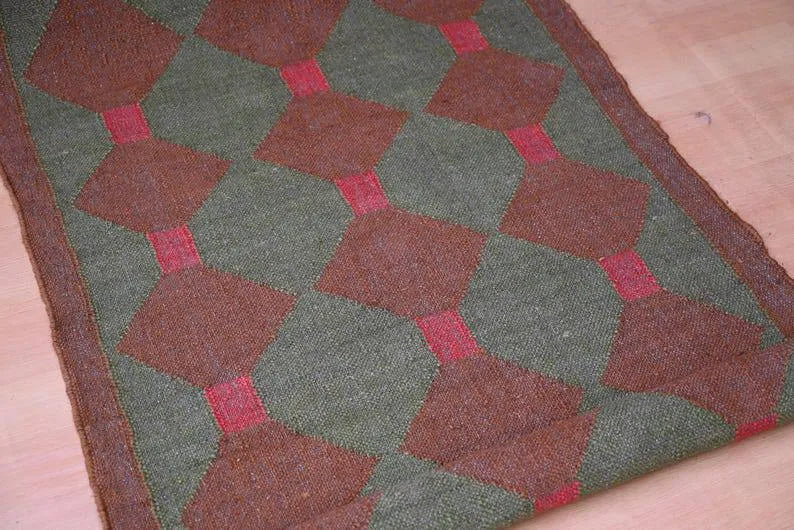 Olive Green & Brown Geometric Wool & Jute Kilim Runner Rug