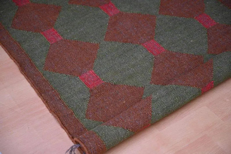 Olive Green & Brown Geometric Wool & Jute Kilim Runner Rug