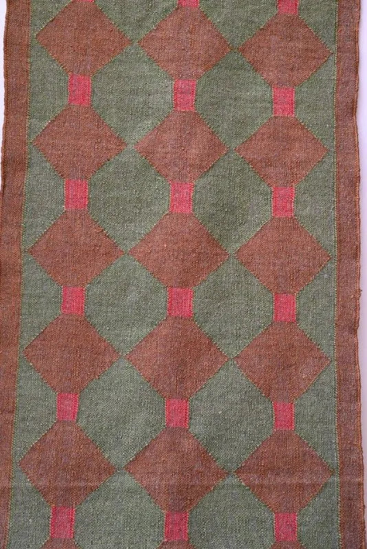 Olive Green & Brown Geometric Wool & Jute Kilim Runner Rug