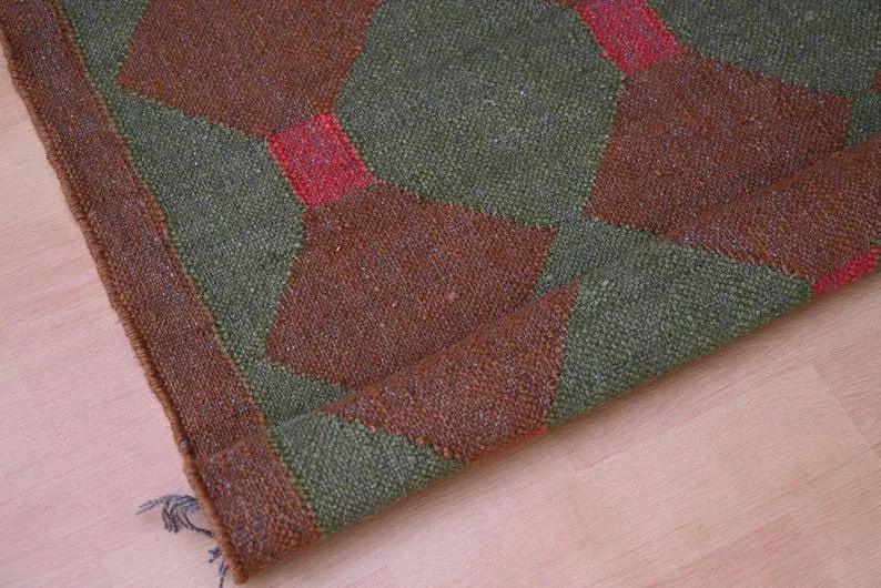 Olive Green & Brown Geometric Wool & Jute Kilim Runner Rug
