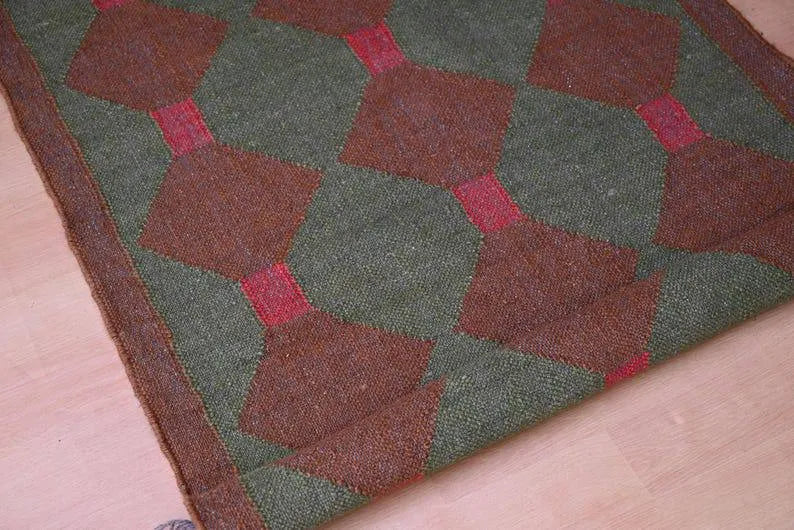 Olive Green & Brown Geometric Wool & Jute Kilim Runner Rug