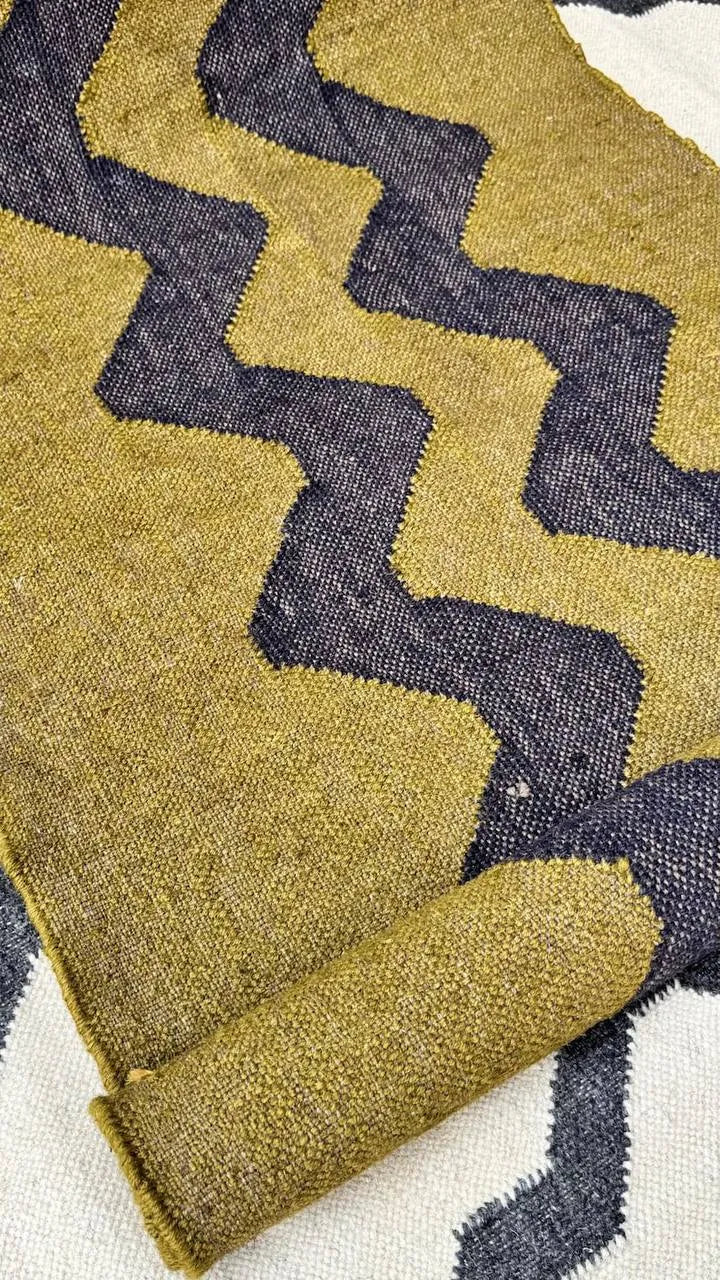 Olive Green Zigzag Wool & Jute Kilim Runner Rug