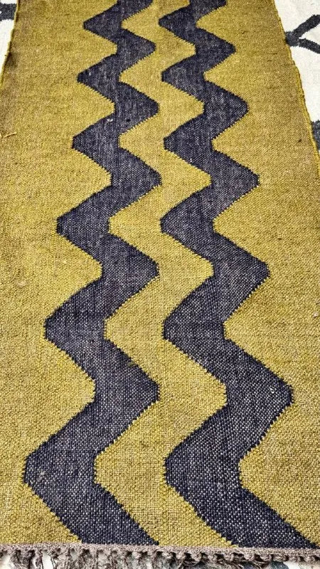 Olive Green Zigzag Wool & Jute Kilim Runner Rug