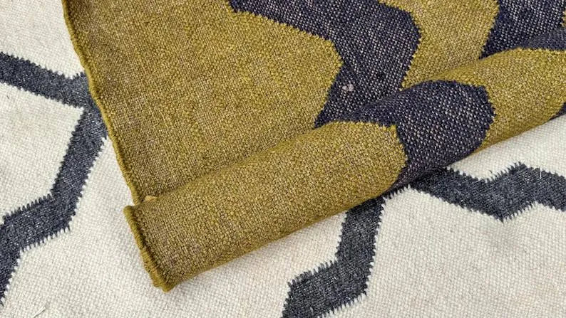 Olive Green Zigzag Wool & Jute Kilim Runner Rug