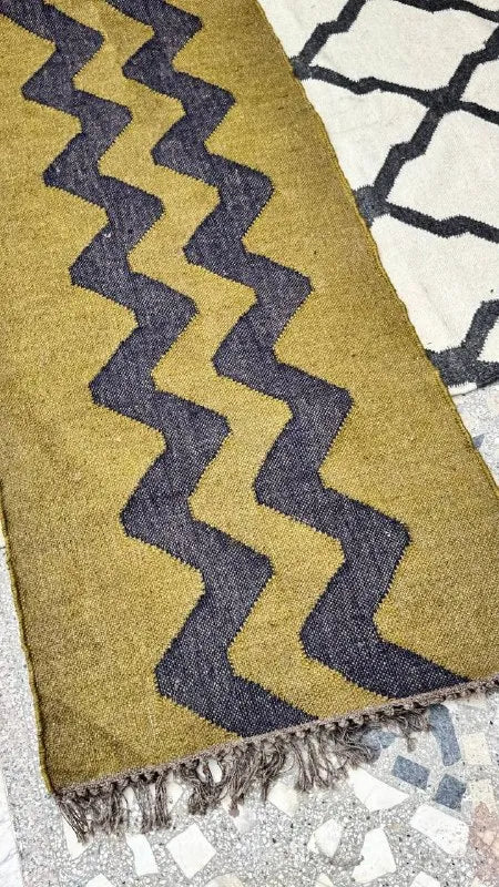Olive Green Zigzag Wool & Jute Kilim Runner Rug