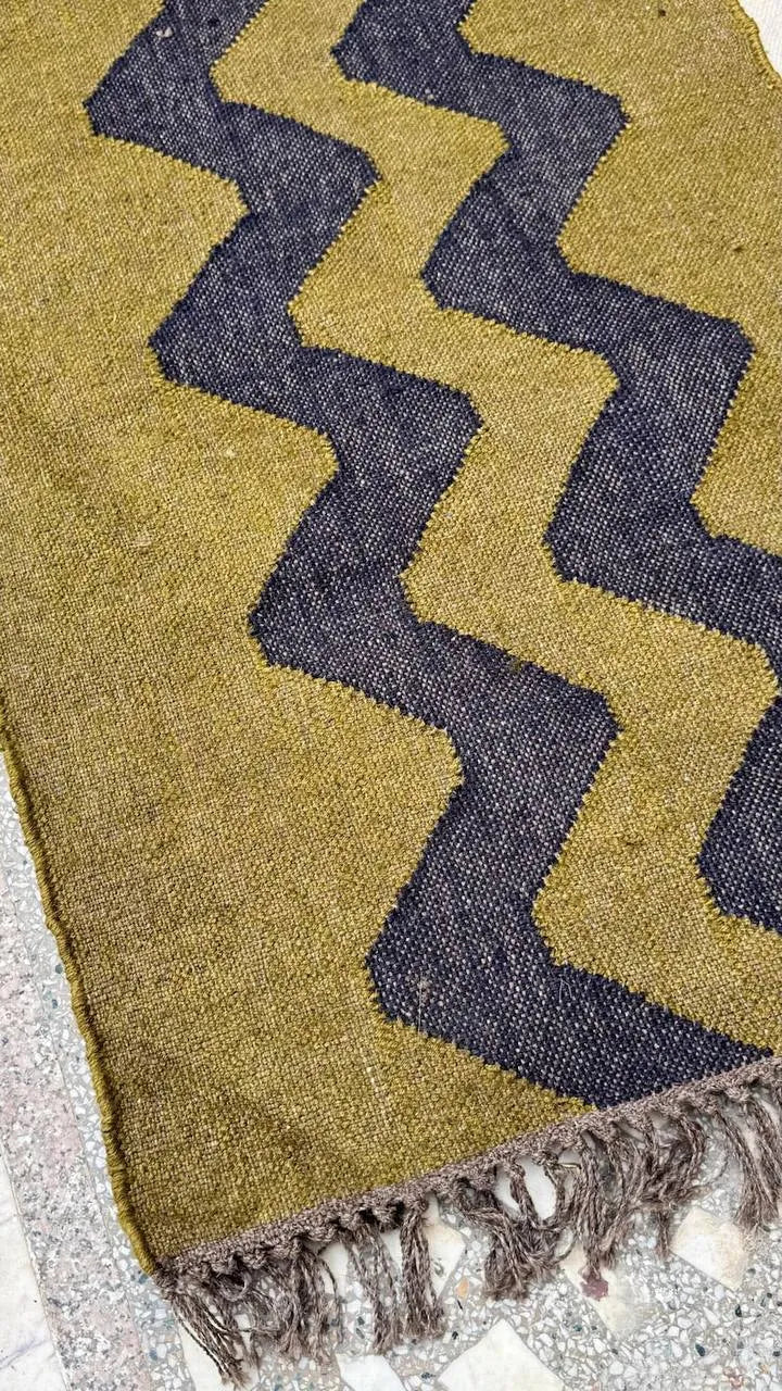 Olive Green Zigzag Wool & Jute Kilim Runner Rug