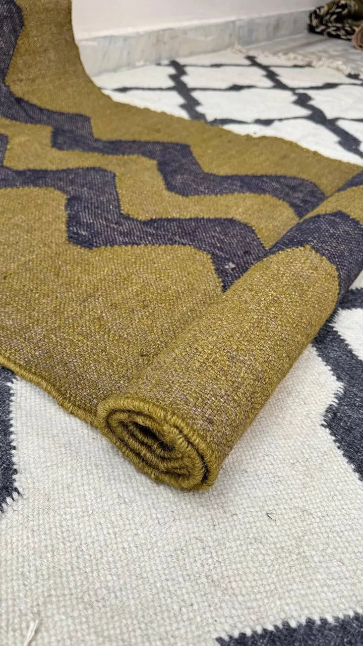 Olive Green Zigzag Wool & Jute Kilim Runner Rug