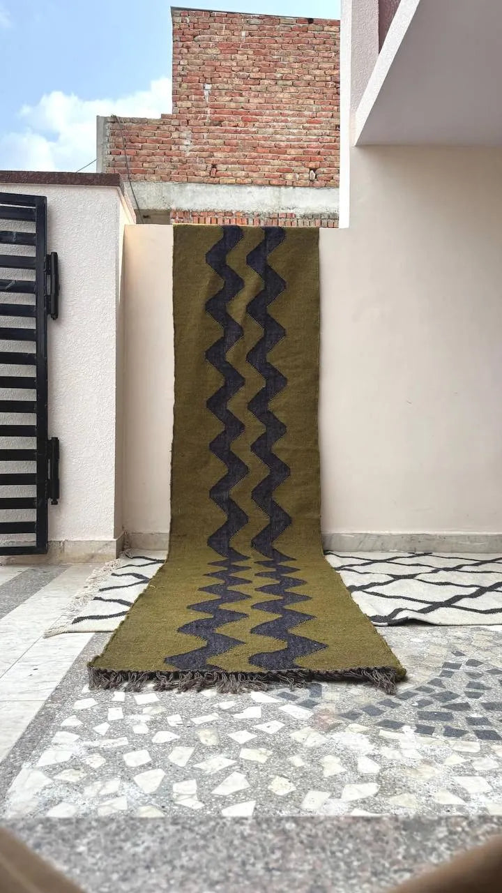 Olive Green Zigzag Wool & Jute Kilim Runner Rug