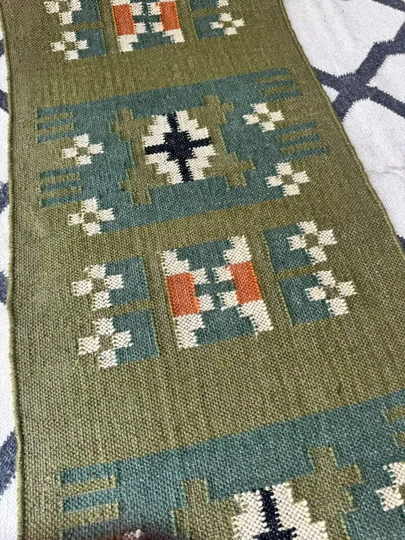 Olive Green Small-Motif Wool & Jute Kilim Runner Rug