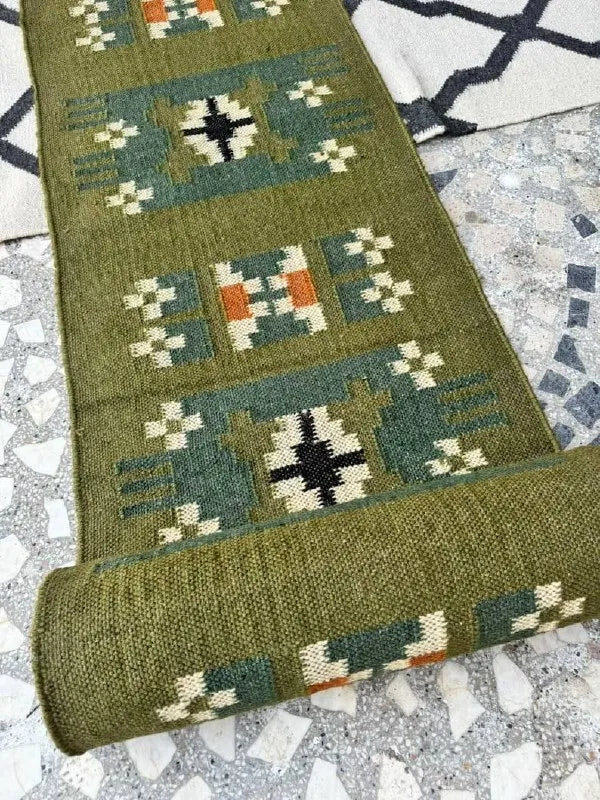 Olive Green Small-Motif Wool & Jute Kilim Runner Rug