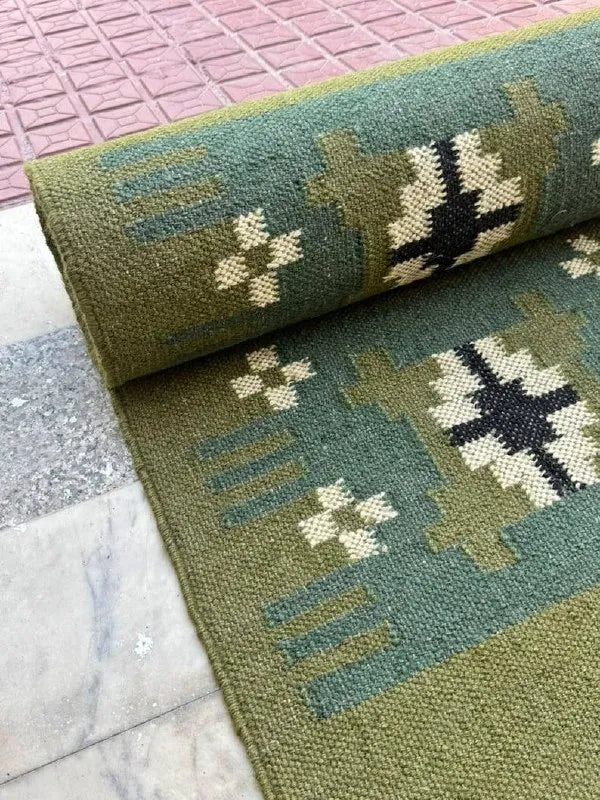 Olive Green Small-Motif Wool & Jute Kilim Runner Rug