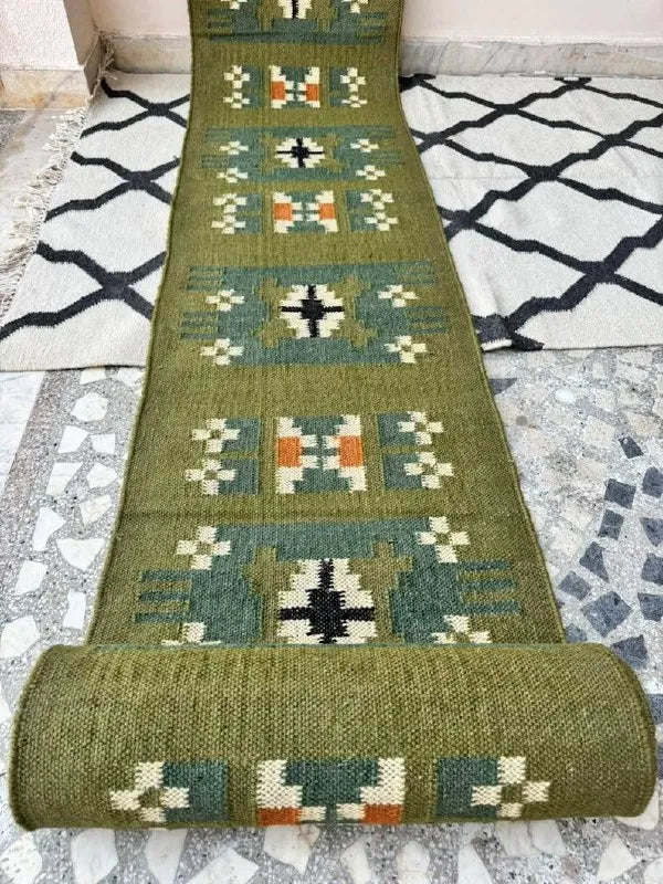 Olive Green Small-Motif Wool & Jute Kilim Runner Rug
