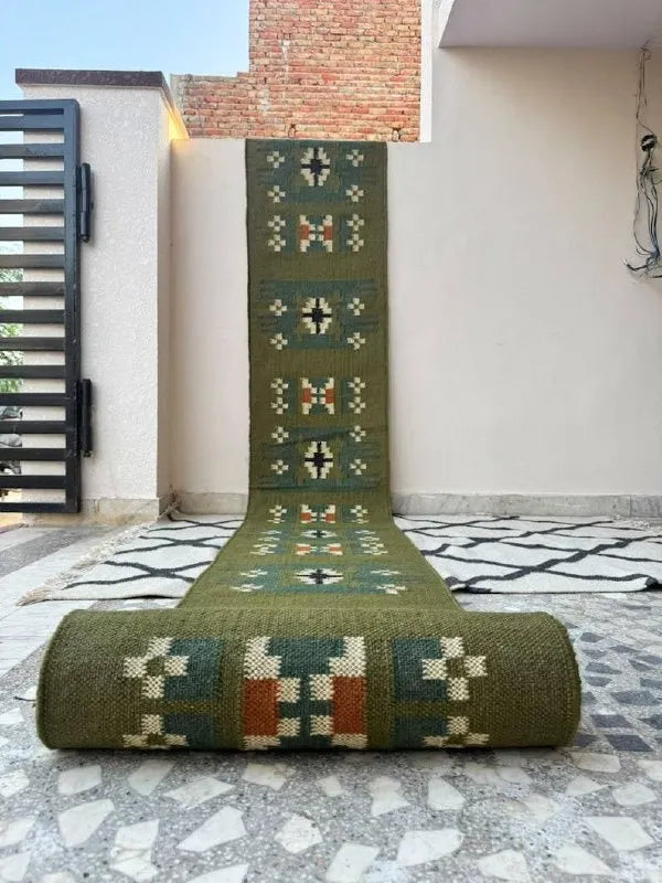 Olive Green Small-Motif Wool & Jute Kilim Runner Rug
